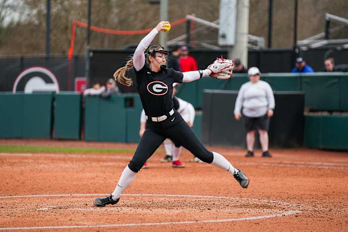 Georgia pitcher Madison Kerpics (40) during Georgia’s game against Purdue at Jack Turner Stadium in Athens, Ga., on Sunday, Feb. 11, 2024. (Tony Walsh / UGAAA).